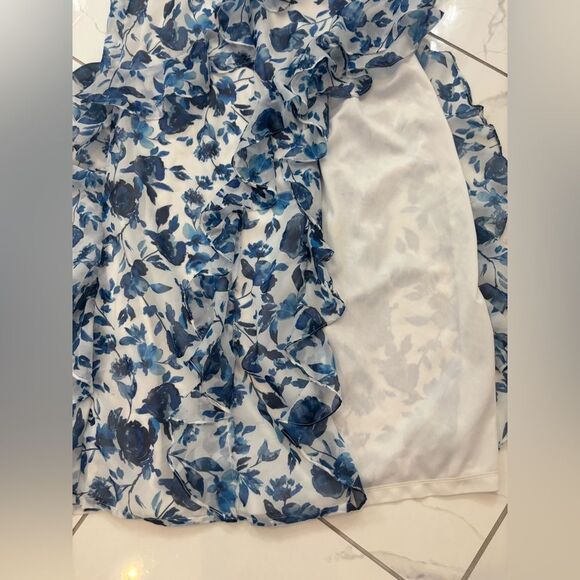 BHLDN Anthropologie Jia Bias-Cut Ruffled Blue Floral Strapless Dress SZ XS EUC - Picture 4 of 9
